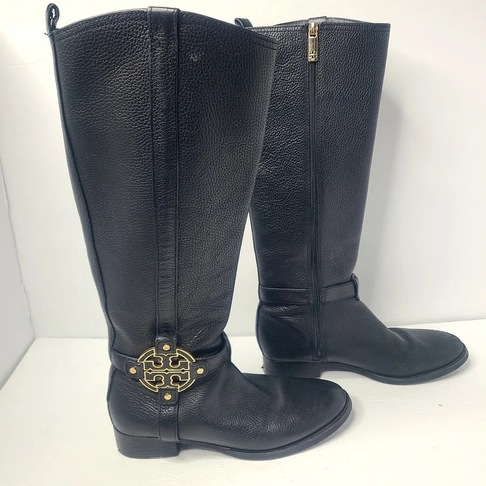 Tory Burch Amanda Medallion Riding Equestrian Tall Leather‎ Boots 8.5 M Black